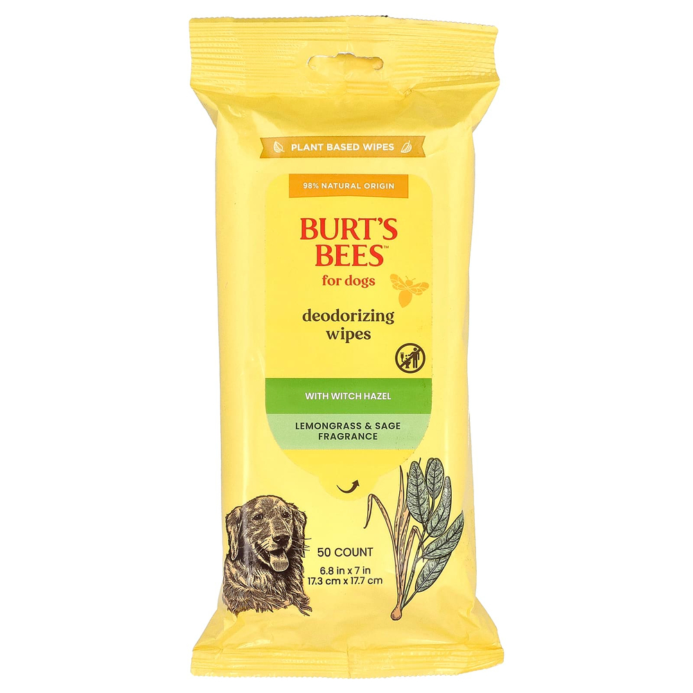 Burt's Bees, дезодорирующие салфетки с гамамелисом, для собак, лемонграсс и шалфей, 50 шт.