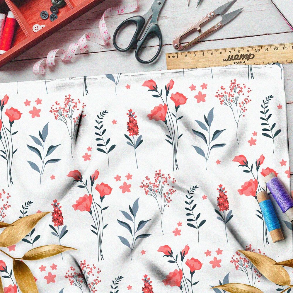 Ткань оксфорд 600 коралловые цветы и листья на белом фоне