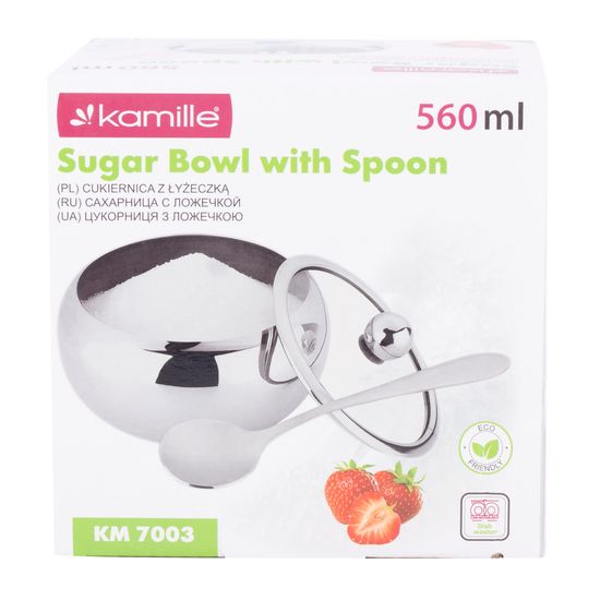 Сахарница 560 мл. из нержавеющей стали Kamille KM-7003 с ложечкой и стеклянной крышкой