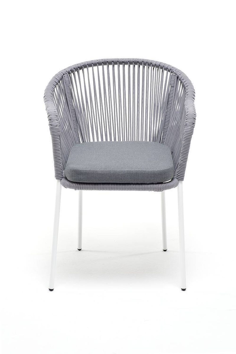 "Лион" стул плетеный из роупа, каркас из стали белый муар, роуп светло-серый круглый, ткань светло-серая