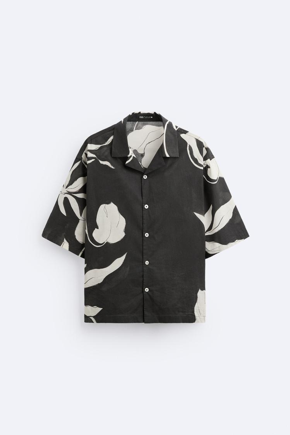 ZARA РУБАШКА ИЗ ТКАНИ С ЦВЕТОЧНЫМ ПРИНТОМ, ЧЕРНЫЙ