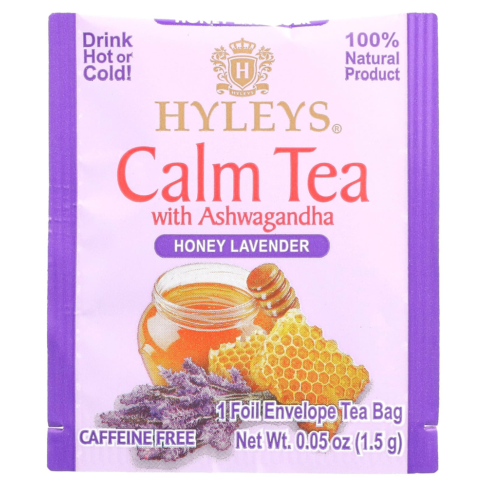 Hyleys Tea, Calm Tea с ашвагандой, медом и лавандой, без кофеина, 25 пакетиков с фольгой, 37,5 г (1,32 унции)