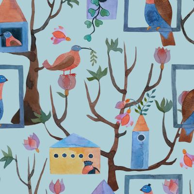 Птицы, домики на голубом акварель