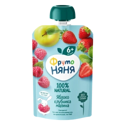 Фрутоняня пауч пюре из яблок, клубники и малины 90г с 6 месяцев