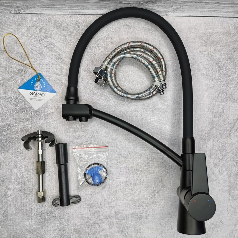 Смеситель для кухни, Gappo, гибк излив, с картриджем, подкл к фильтр, чер, G4398-16