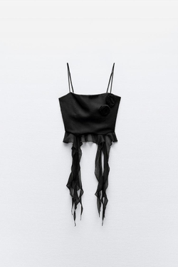 ZARA ТОП ИЗ ХЛОПКОВОГО МУСЛИНА С РЕЛЬЕФНЫМ ЦВЕТКОМ, ЧЕРНЫЙ
