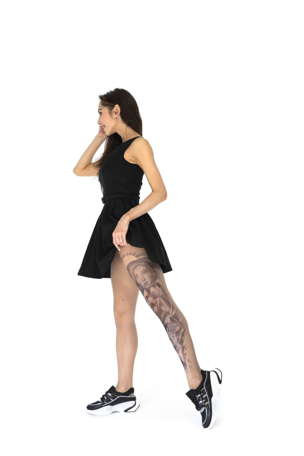 Стильные колготки с эффектом тату на левой ножке (Размер: S-M-L) (Цвет: бежевый)