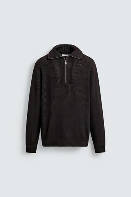 ZARA ДЖЕМПЕР ВЯЗАНЫЙ С ВОРОТНИКОМ НА МОЛНИИ, ШОКОЛАДНЫЙ