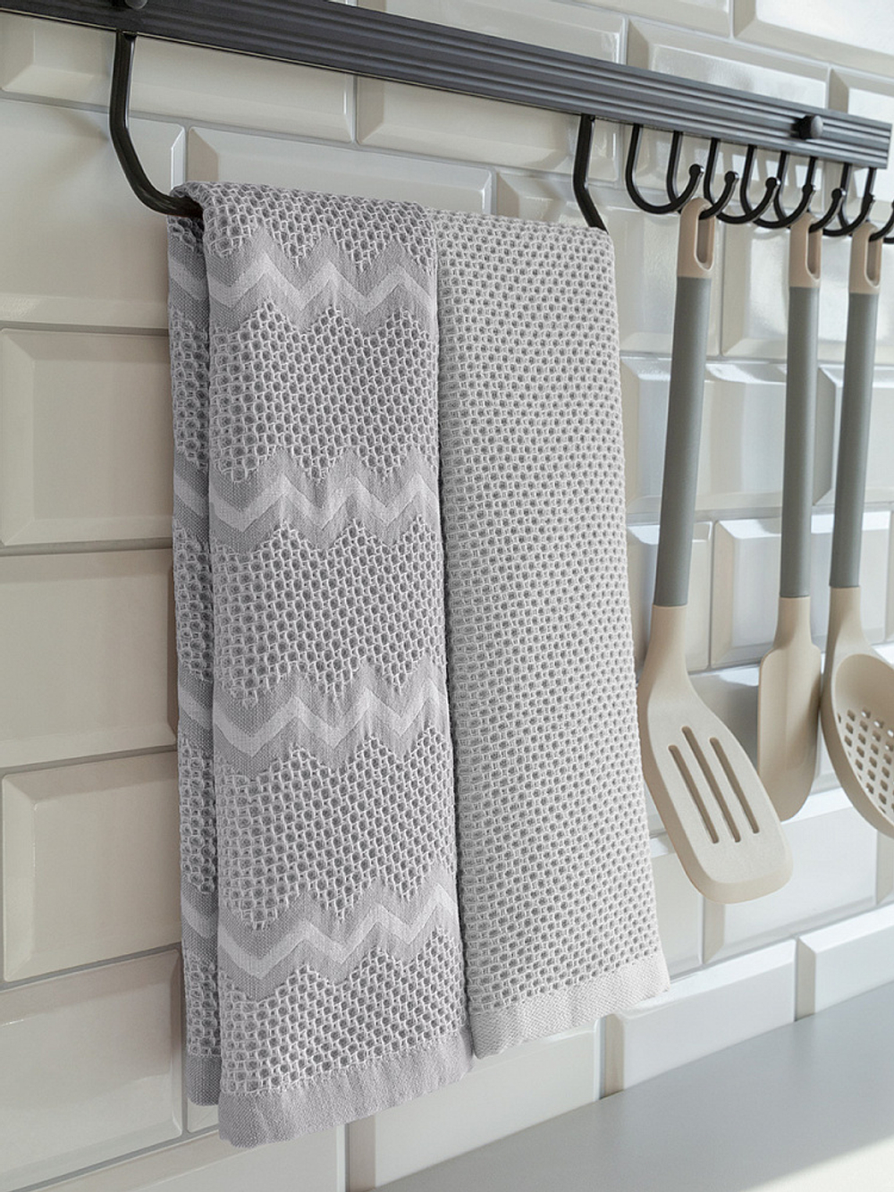 Набор кухонных полотенец 2шт DeNASTIA вафля зиг-заг / однотон 270gsm 35x70, 100% хлопок, темно-серый