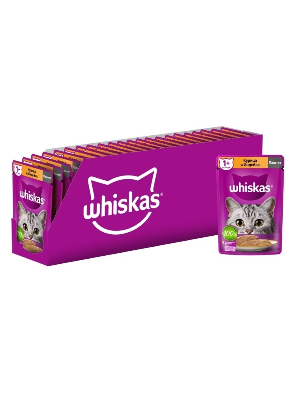 Влажный корм Whiskas для взрослых кошек, паштет с курицей и индейкой, 28 шт x 75 г
