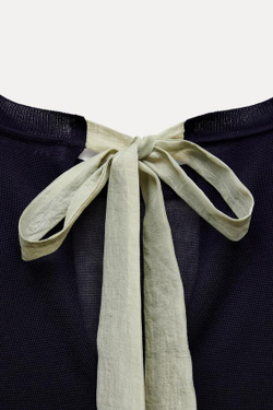 ZARA СВИТЕР ИЗ ТОНКОГО ТРИКОТАЖА С КОНТРАСТНЫМ БАНТОМ, МОРСКОЙ СИНИЙ