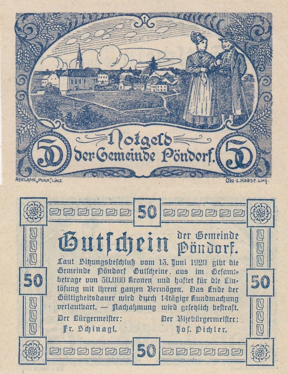 Австрия 50 геллеров 1920 Пёндорф aUNC