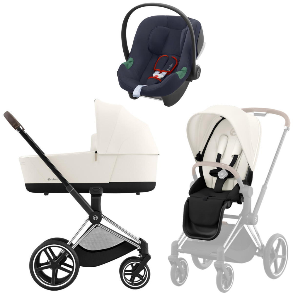 Коляска 3 в 1 Cybex Priam IV Chrome Brown complete и автокресло Aton B2 i-Size Bay Blue Off White