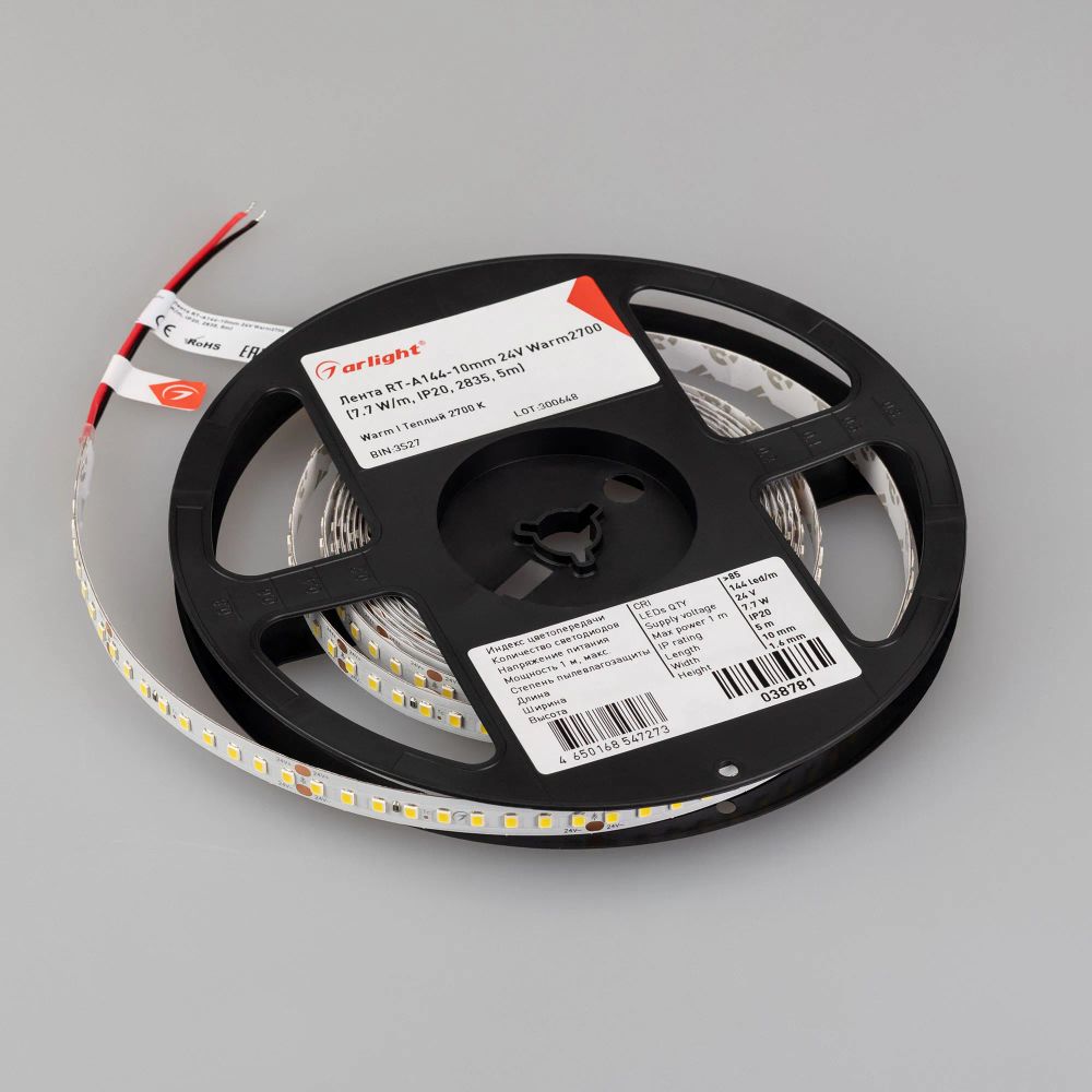 Светодиодная лента RT-A144-10mm 24V Warm2700 (7.7 W/m, IP20, 2835, 5m) (Arlight, высок.эфф.200 лм/Вт) 038781