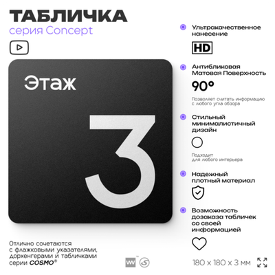 Табличка Этаж 3, на дверь и стену, навигационная и информационная, серия CONCEPT, 18х18 см, Айдентика Технолоджи