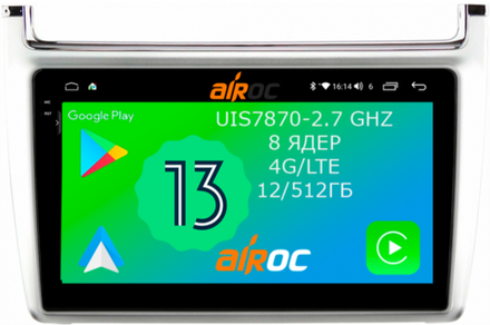 Магнитола для Volkswagen Polo 2009-2020 (черный) - Airoc 2K AU-3707S на Android 13, TS20, 12/512Гб, SIM-слот