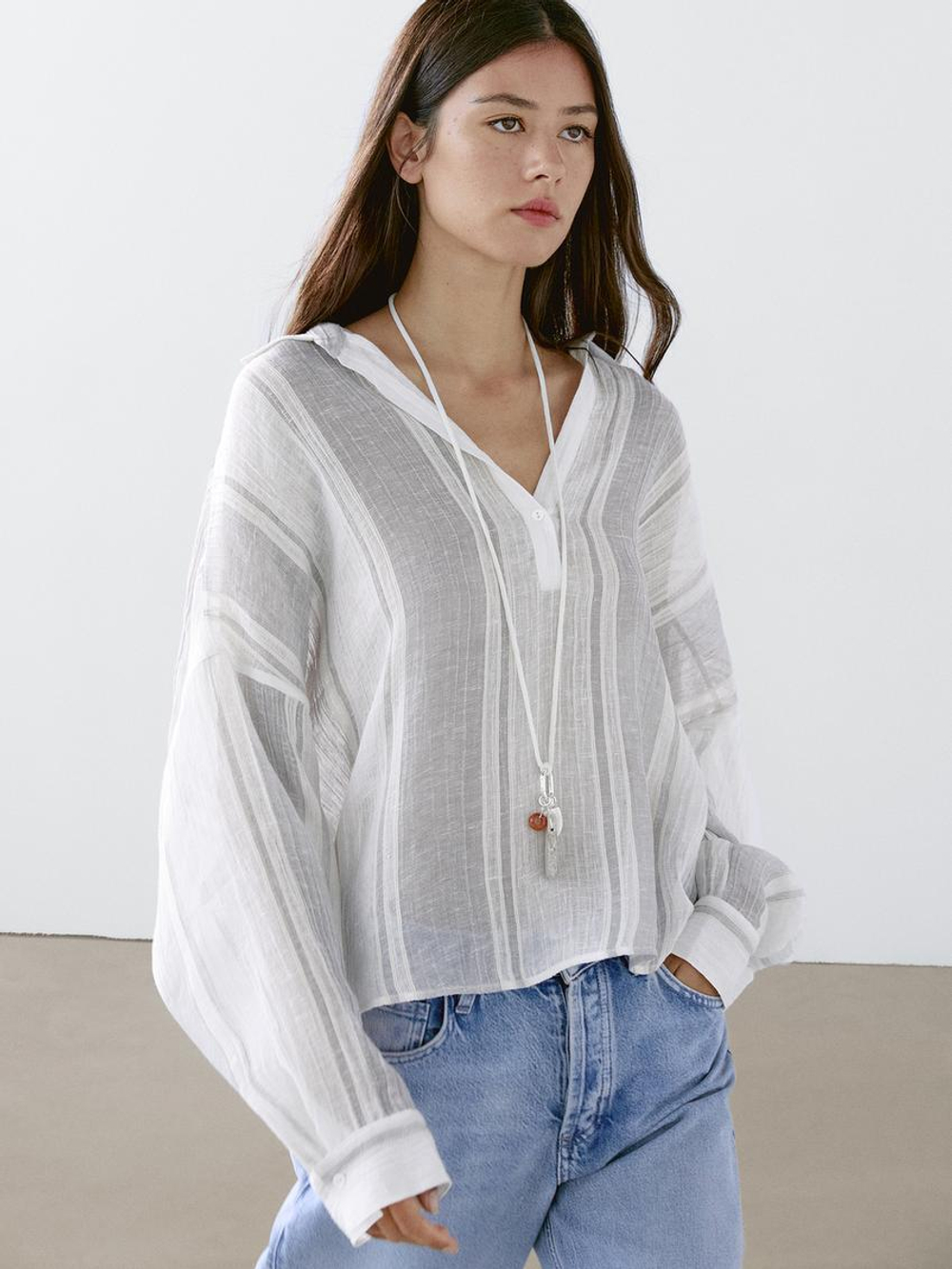 Massimo Dutti Блуза из струящейся смесового льна в полоску, белый