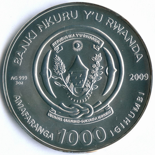 1000 франков 2009 год. Руанда UNC (Близнецы). Серебро 3 унции - 93.3 грамма, 4 бриллианта