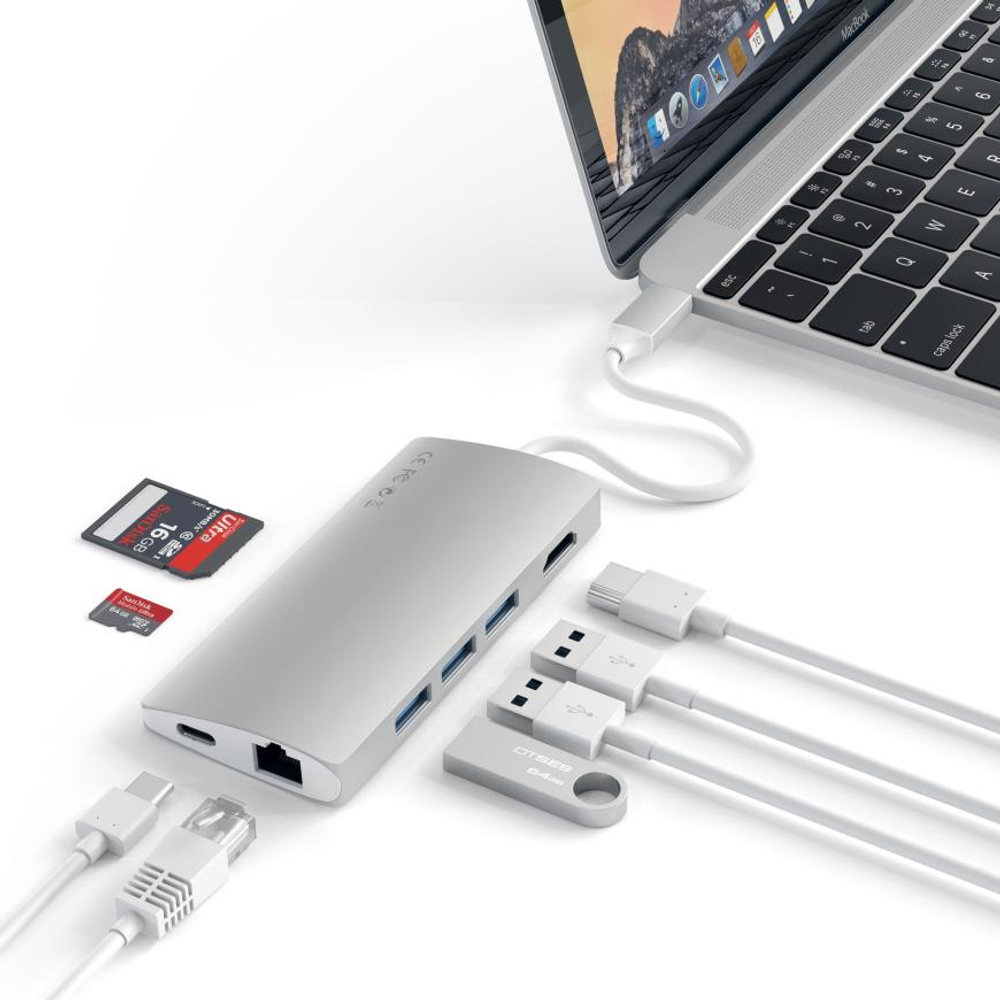 USB-Хаб Satechi Multiport V2 (USB-C) (ST-TCMA2) Подключение: встроенный кабель USB-C. Порты: USB-C (PD 3.1 115 Вт), USB-A 3.2 Gen 2, 2 USB-A 3.2 Gen 1, microSD, SD, HDMI (до 4K 60 Гц), Gigabit Ethernet