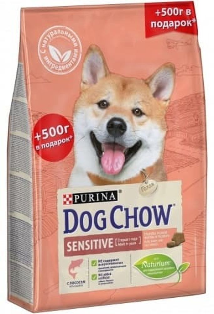 DOG CHOW 2кг+500г БЕСПЛАТНО, корм для собак с чувст. кожей и пищеварением ЛОСОСЬ
