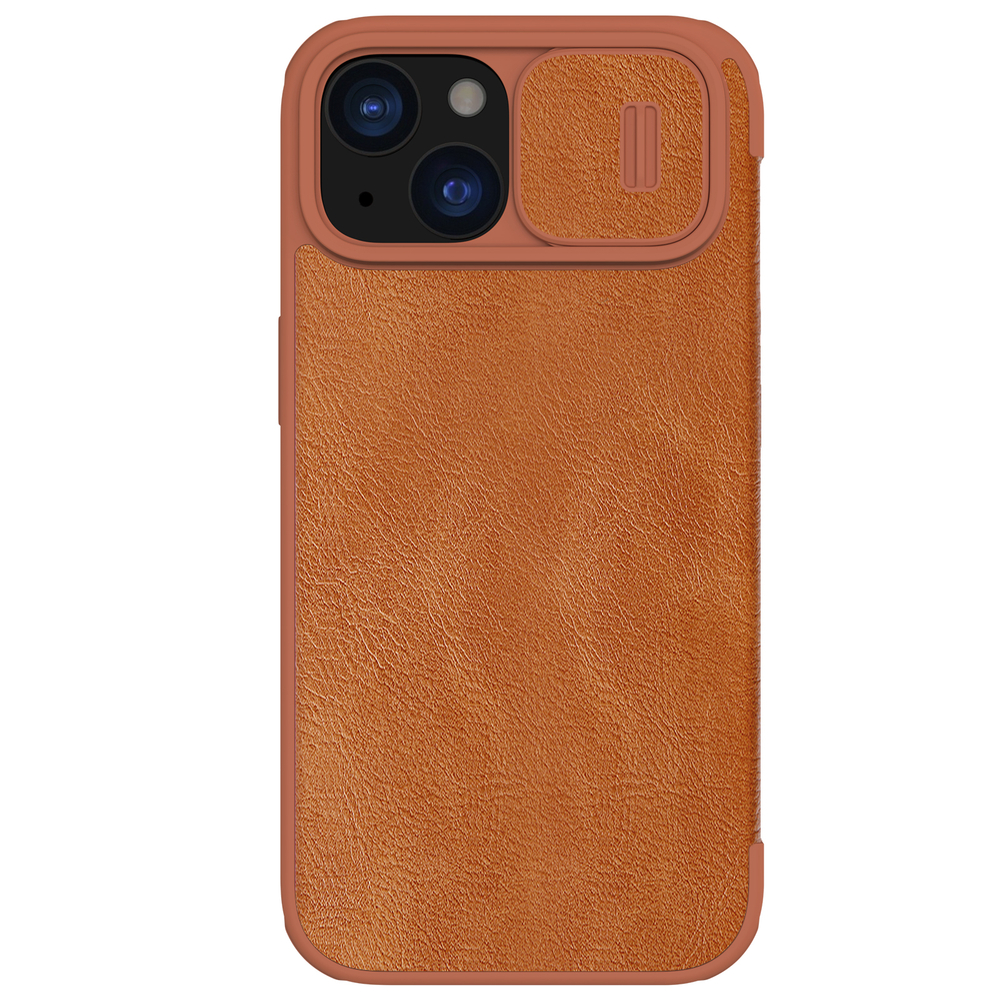 Кожаный чехол книжка коричневого цвета от Nillkin для iPhone 15, серия Qin Pro Leather с защитной шторкой для камеры