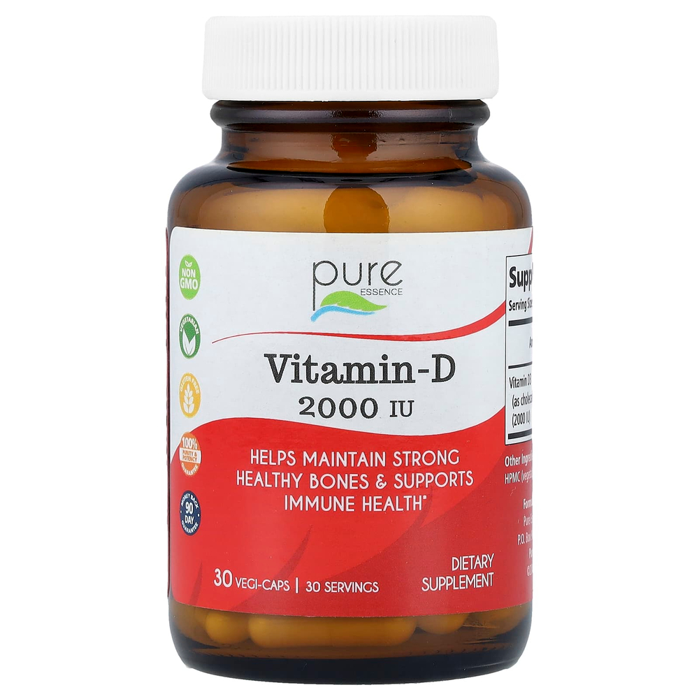 Pure Essence, витамин D, 2000 МЕ, 30 вегитарианских капсул
