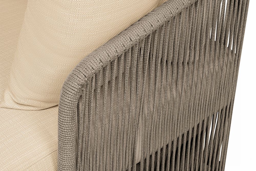 "Альбано" диван 3-местный плетеный из роупа, каркас алюминий светло-серый (RAL7035) муар, роуп серый меланж круглый, ткань Mossle светло-бежевая