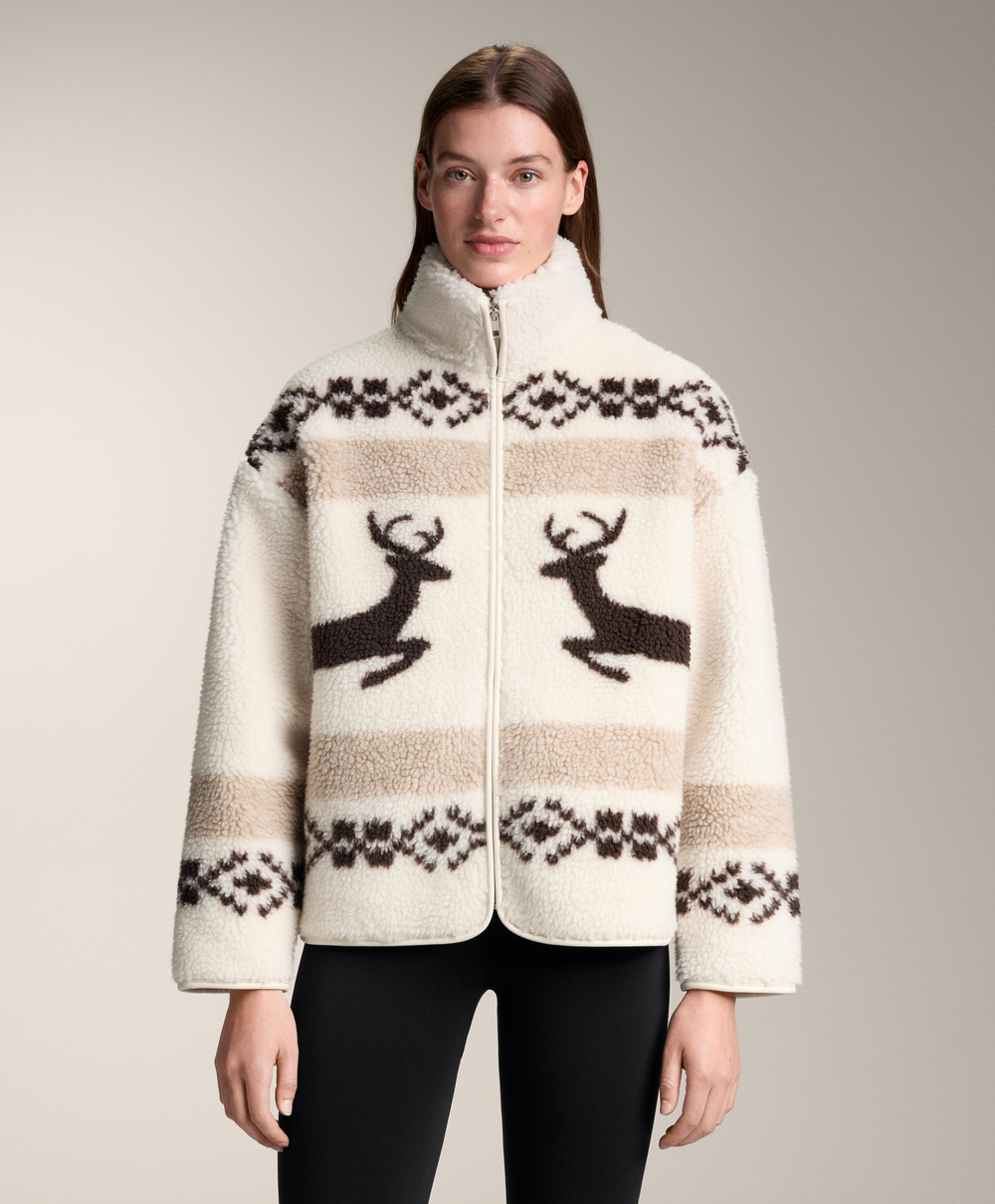 Oysho Куртка из искусственной овчины с оленями и высоким воротником, экрю