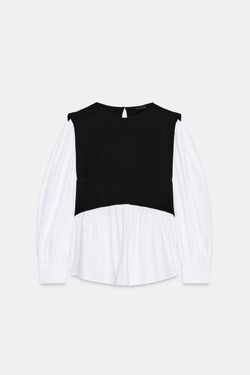 ZARA БЛУЗА ИЗ ПОПЛИНА С КОМБИНИРОВАННОЙ ТКАНЬЮ, ЧЕРНЫЙ