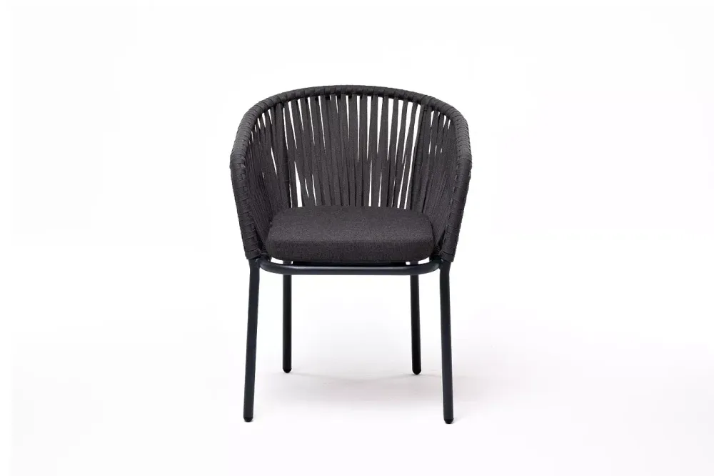 "Бордо" стул плетеный из роупа, каркас алюминий темно-серый (RAL7024) шагрень, роуп серый 15мм, ткань темно-серая 027