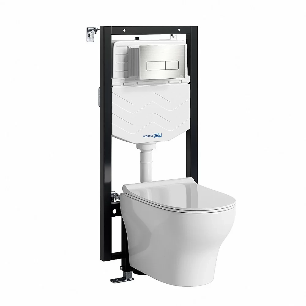 Унитаз подвесной WasserKRAFT Berkel 56TLT.010.ME.BN03.H001 безободковый, с инсталляцией Vils 56, с крышкой микролифт, белый/кнопка никель