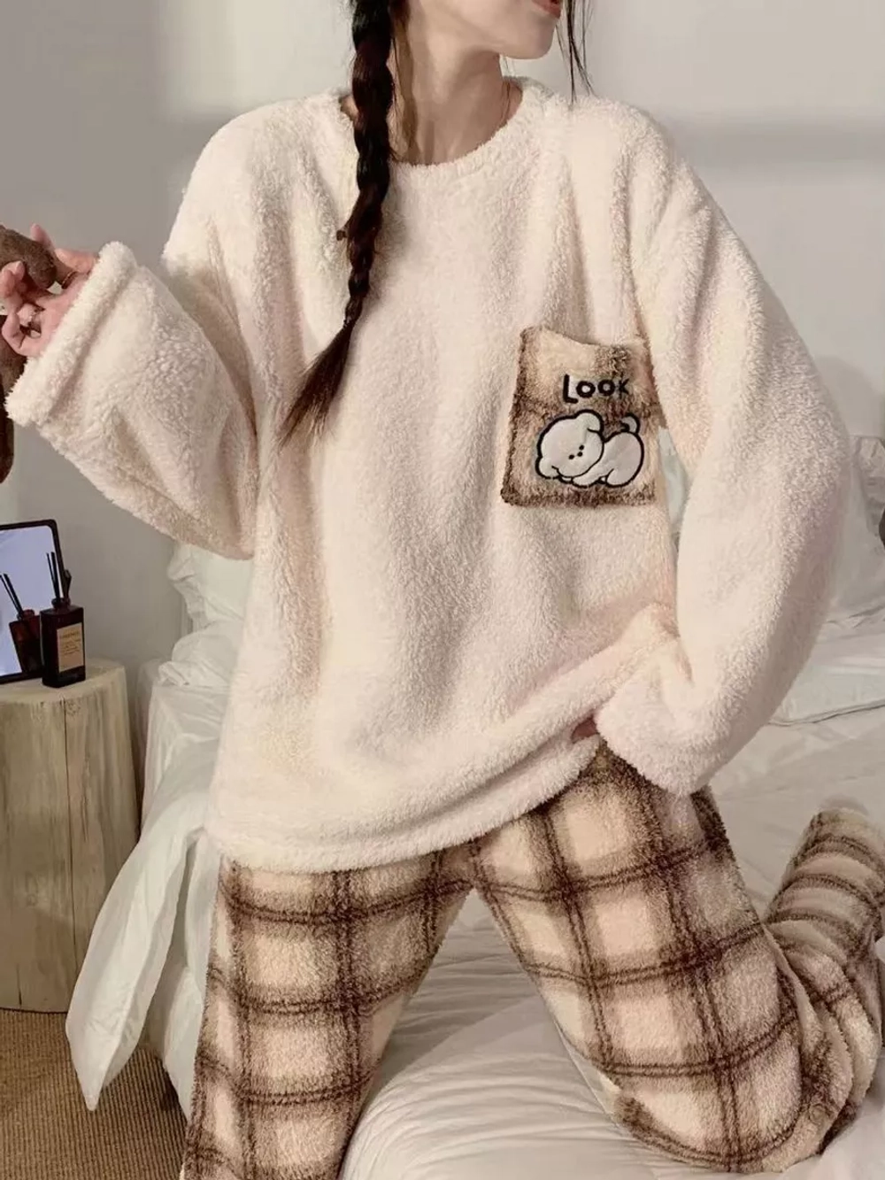 Пижама со штанами теплая плюшевая женская костюм домашний