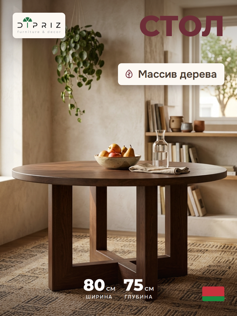 Стол кухонный, 80х80х75, Нордик, кухонный, круглый, из массива сосны, темный орех, Dipriz