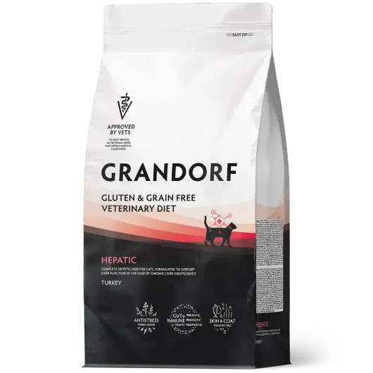 Сухой корм GRANDORF VETERINARY DIET Cat HEPATIC, Полнорационный диетический корм для кошек, для поддержания функции печени при ХПН индейка 0,4кг