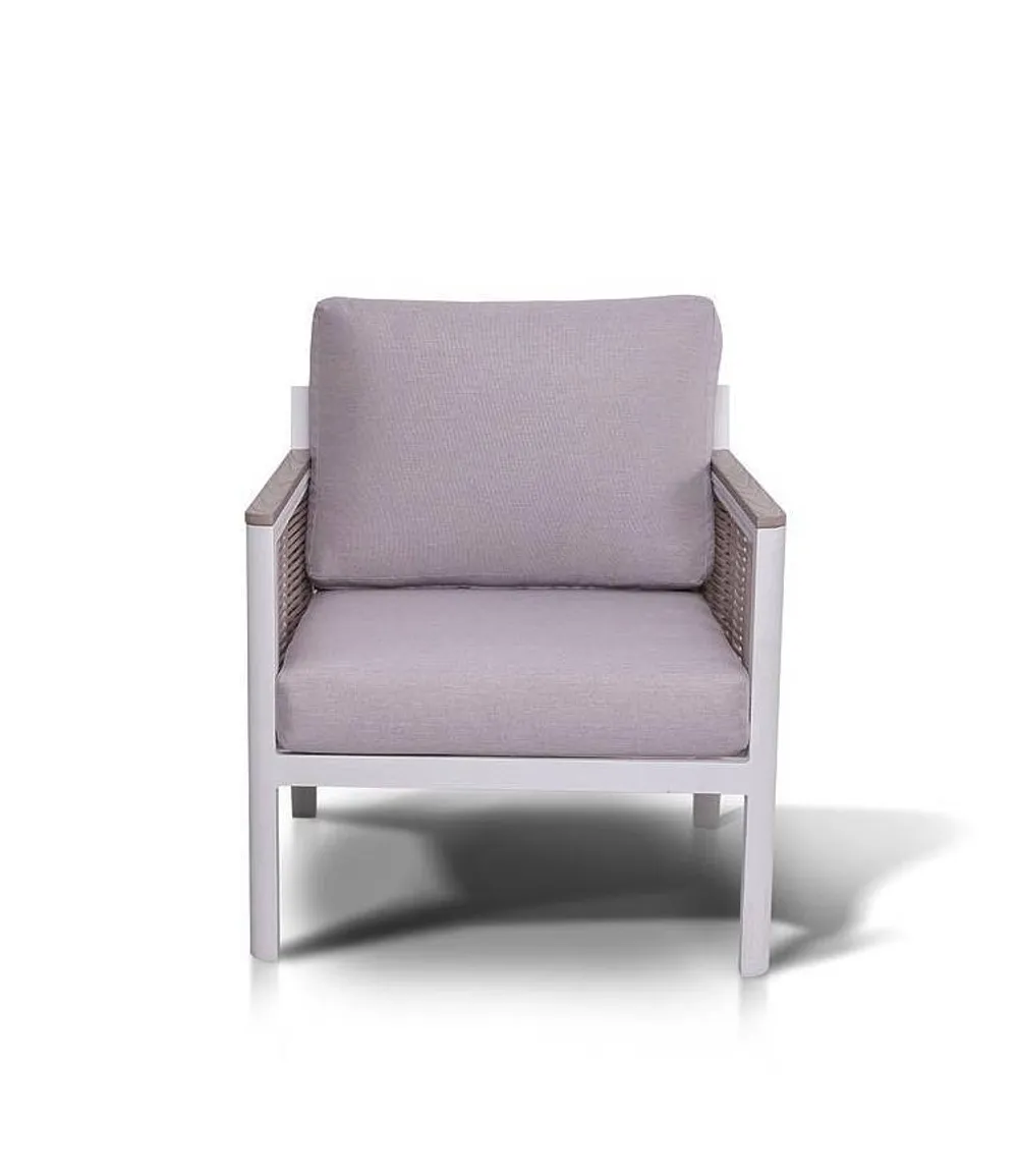 "Сан Ремо" кресло плетеное из роупа садовое, каркас алюминий белый, роуп бежевый, ткань бежевая