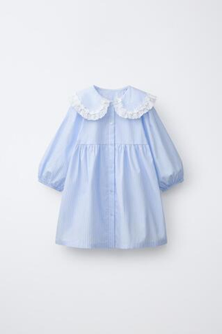 ZARA ПЛАТЬЕ ИЗ ПОПЛИНА С ВЫШИТЫМ ВОРОТНИКОМ, ГОЛУБОЙ