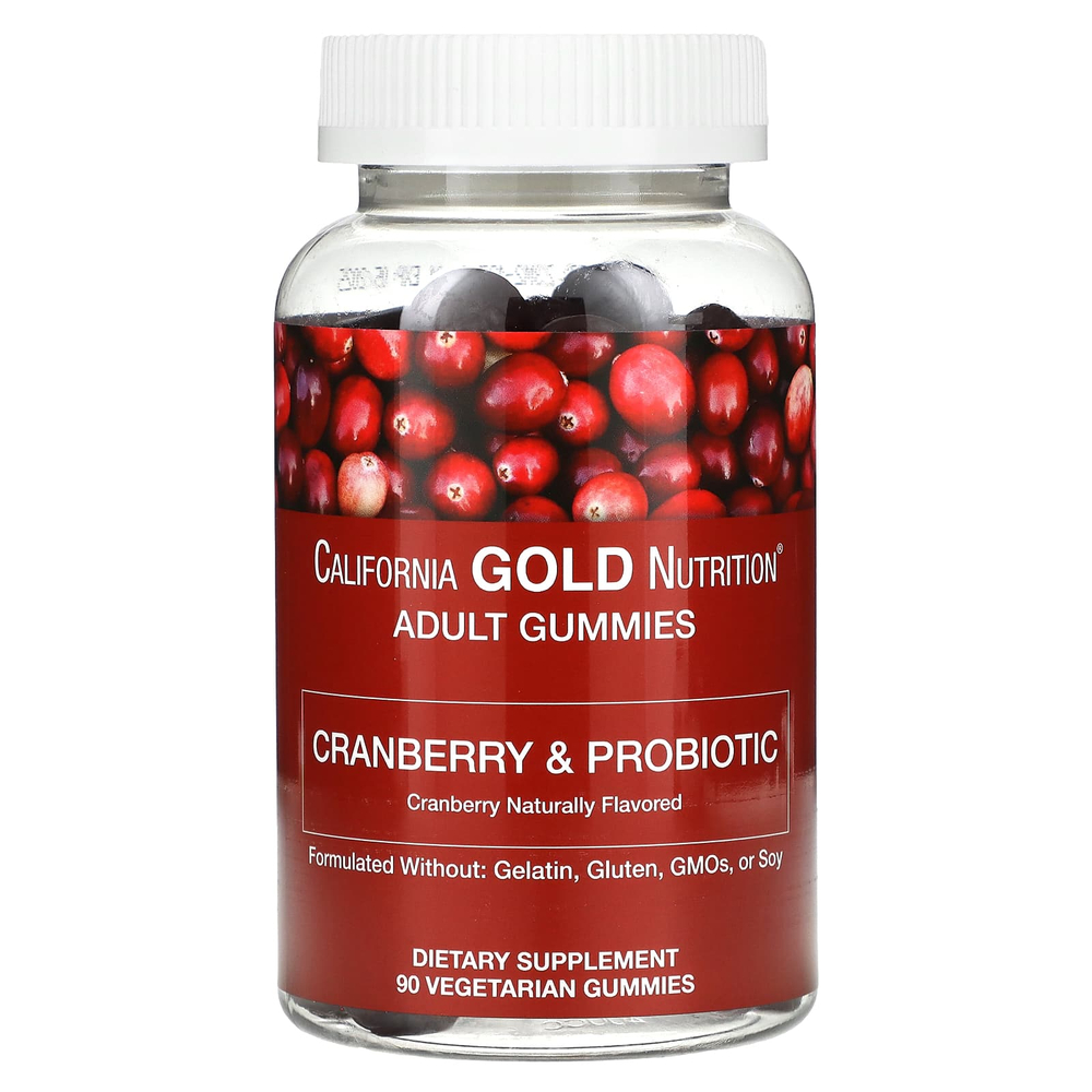 California Gold Nutrition, клюква и пробиотики в жевательных таблетках, с концентратом клюквы, фруктоолигосахаридами и бактериями бациллус коагуланс, с натуральным вкусом клюквы, 90 вегетарианских жевательных таблеток