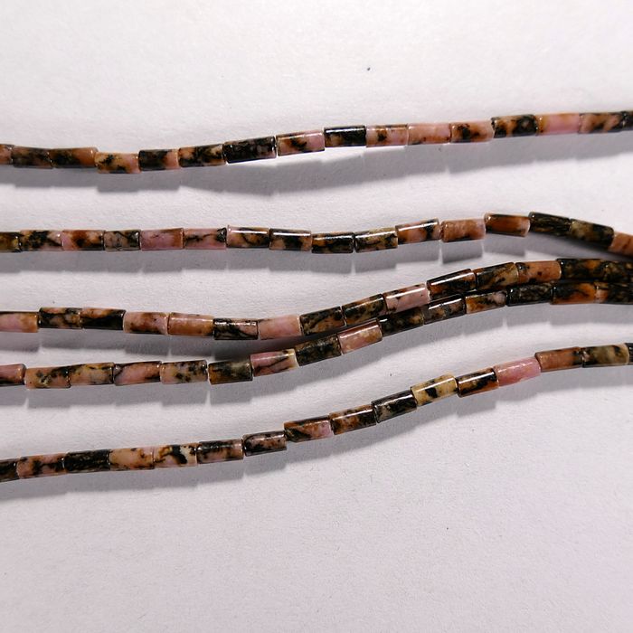 Нить бусин из родонита, фигурные, 2x4 мм (цилиндр, гладкая)