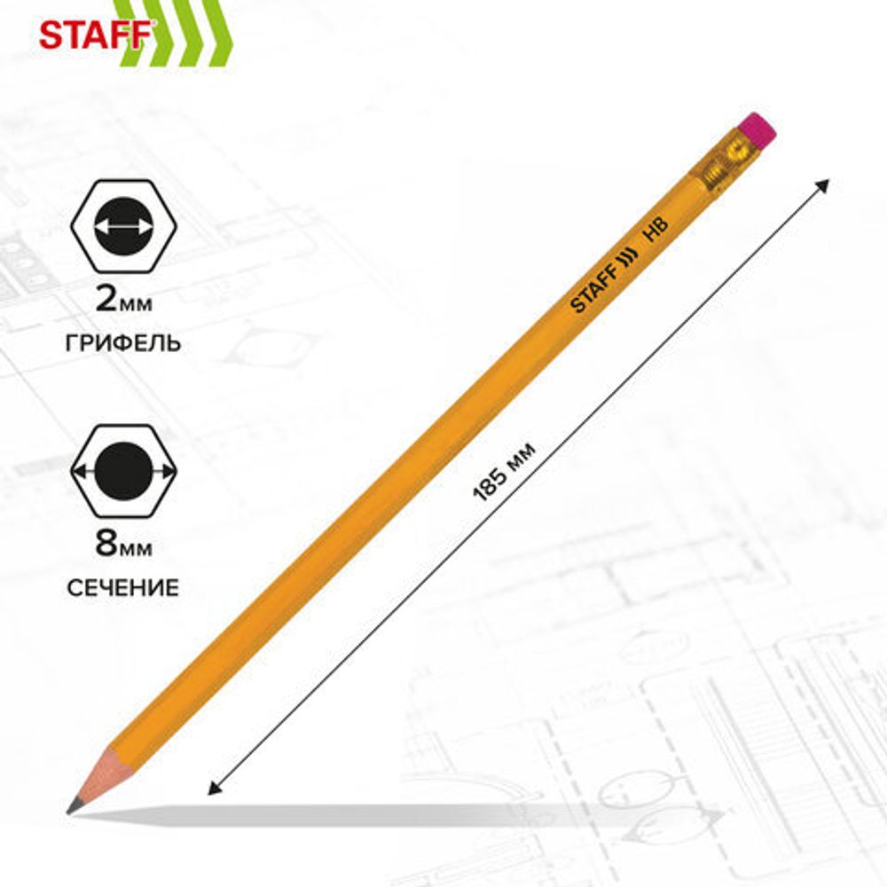Карандаши чернографитные с ластиком STAFF EVERYDAY BLP-YLW, КОМПЛЕКТ 50 шт., НВ, пластиковые, корпус жёлтый, 181942