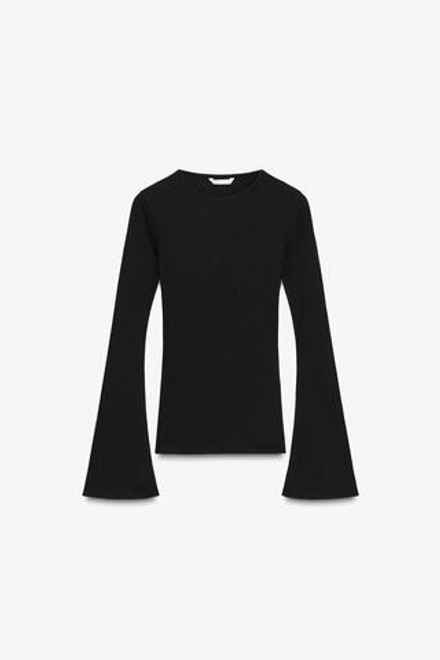 ZARA ФУТБОЛКА В РУБЧИК С РАСКЛЕШЕННЫМИ РУКАВАМИ, ЧЕРНЫЙ