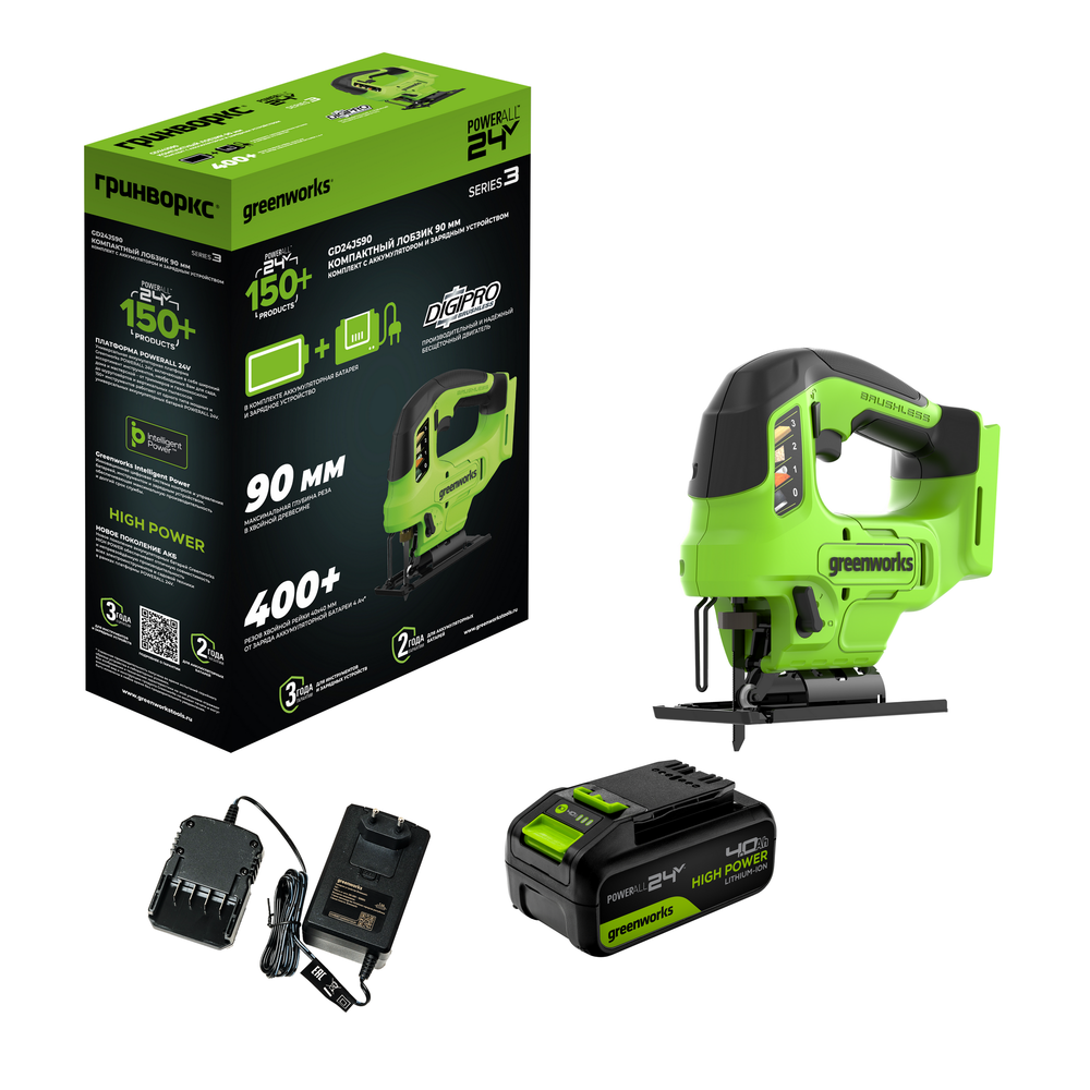 Лобзик акк. Greenworks GD24JS90, 24V, б/щет, 90 мм,0-3000/мин,4 ст.маятник,LED,1х4Ач,ЗУ,кор (3601707CUB)