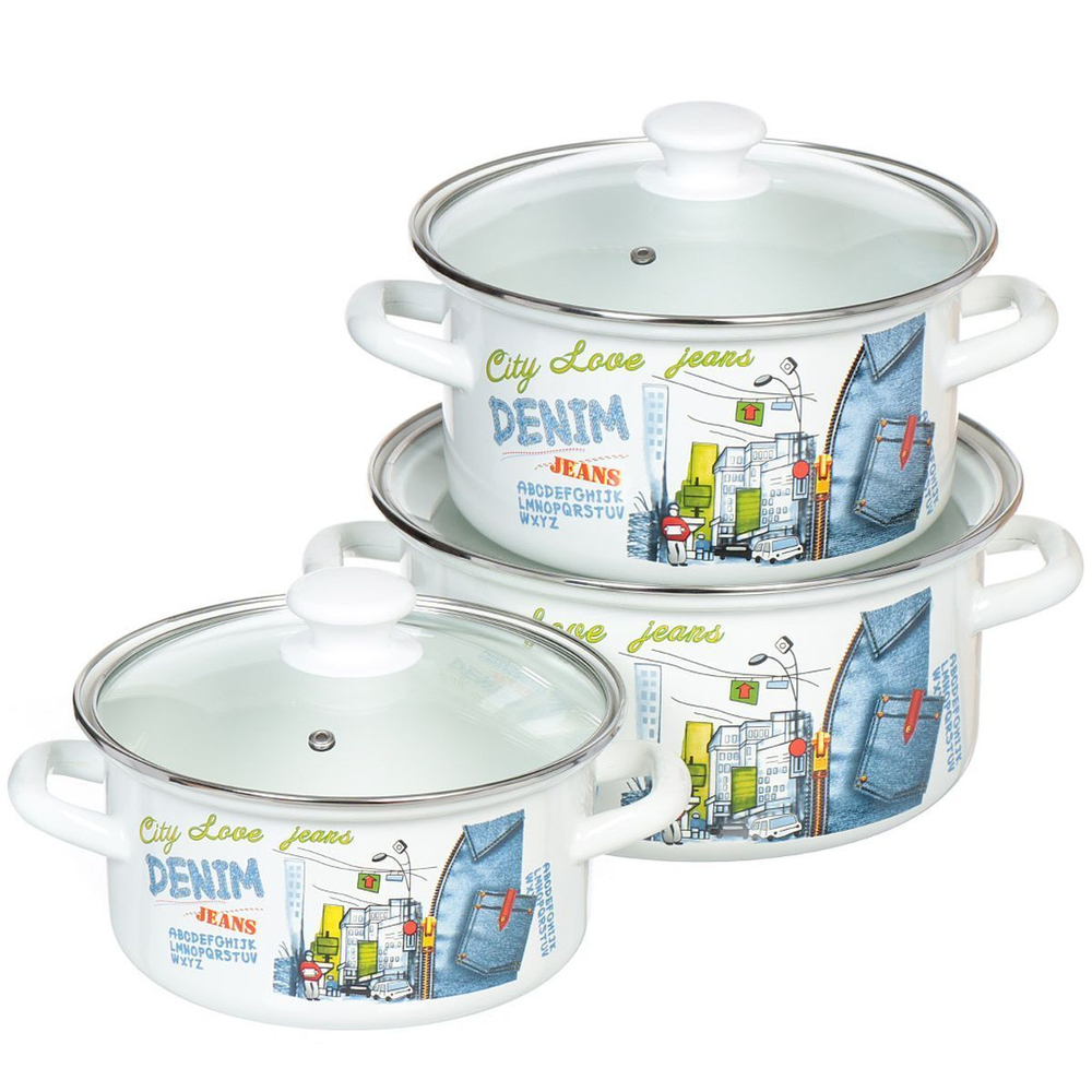 Набор эмалированной посуды 6 пр, кастрюли 2.3,3,4 л, Керчь, Деним-1-Экстра