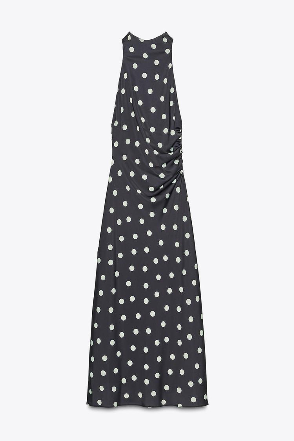 ZARA АТЛАСНОЕ ПЛАТЬЕ МИДИ В ГОРОШЕК, МОРСКОЙ ТЕМНО-СИНИЙ