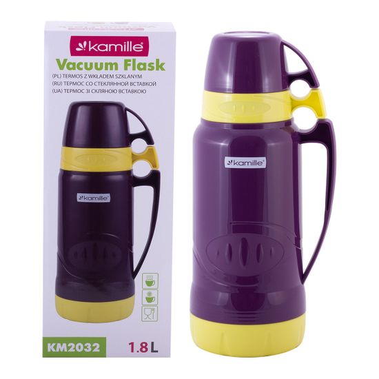 Термос 1,8 л. со стеклянной колбой Kamille KM 2032 пластиковый, 2 чашки