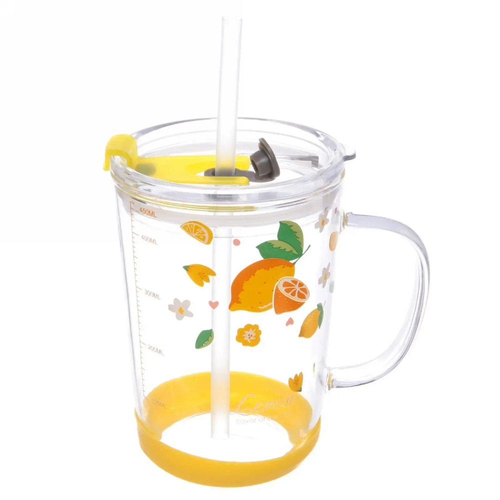 Кружка стеклянная 450мл с крышкой и трубочкой «Лимоны»