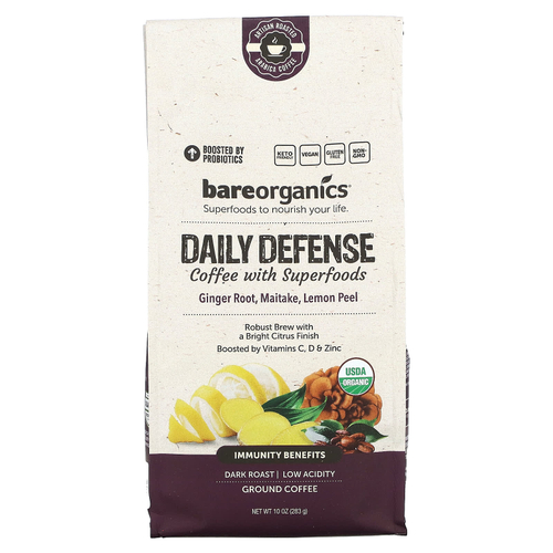 BareOrganics, Кофе Daily Defense с суперфудами, молотый, темная обжарка, 283 г (10 унций)