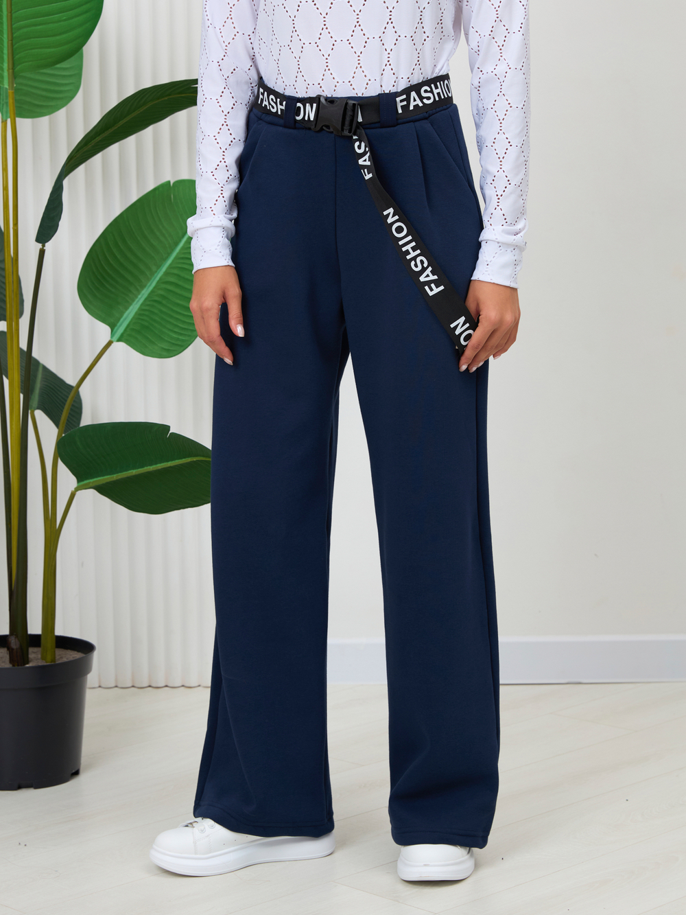 Брюки утепленные для девочки палаццо с ремнем "Fashion" тёмно-синие