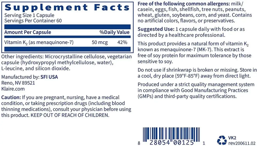 Klaire Labs - Vitamin K2 60 capsules
