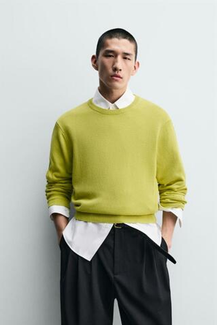 ZARA ЛЕГКИЙ ХЛОПКОВЫЙ СВИТЕР, ЛАЙМОВЫЙ