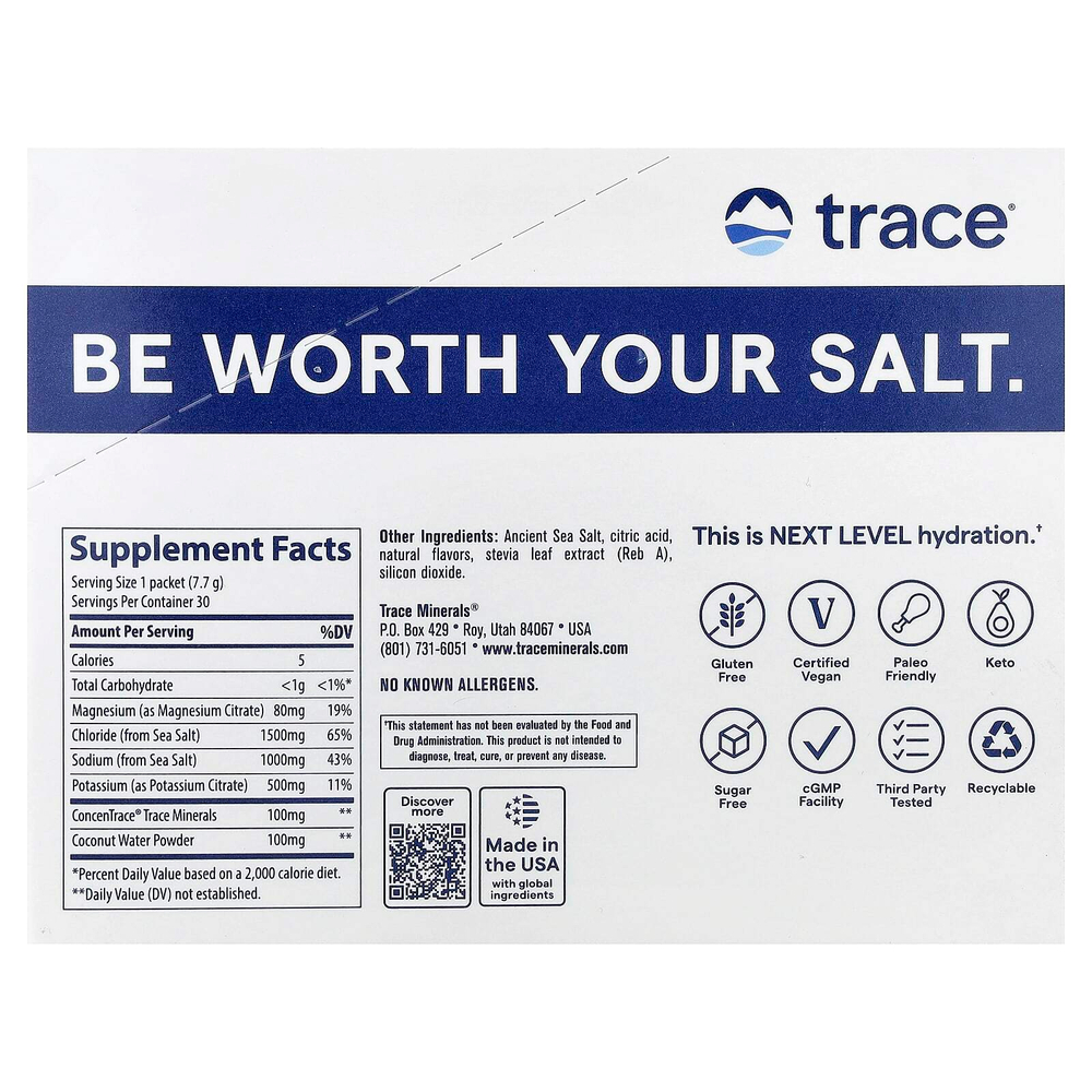 Trace, ZEROLyte, электролиты и кокосовая вода, со вкусом соленого цитруса, 30 пакетиков по 7,7 г (0,27 унции)